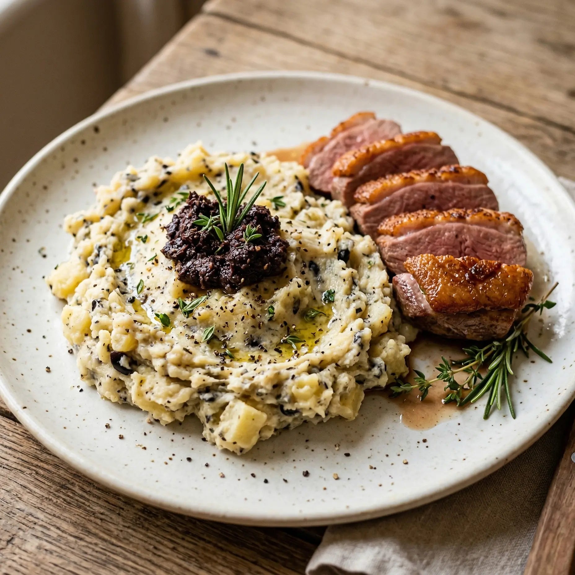 écrasé de pommes de terre à la tapenade noire
