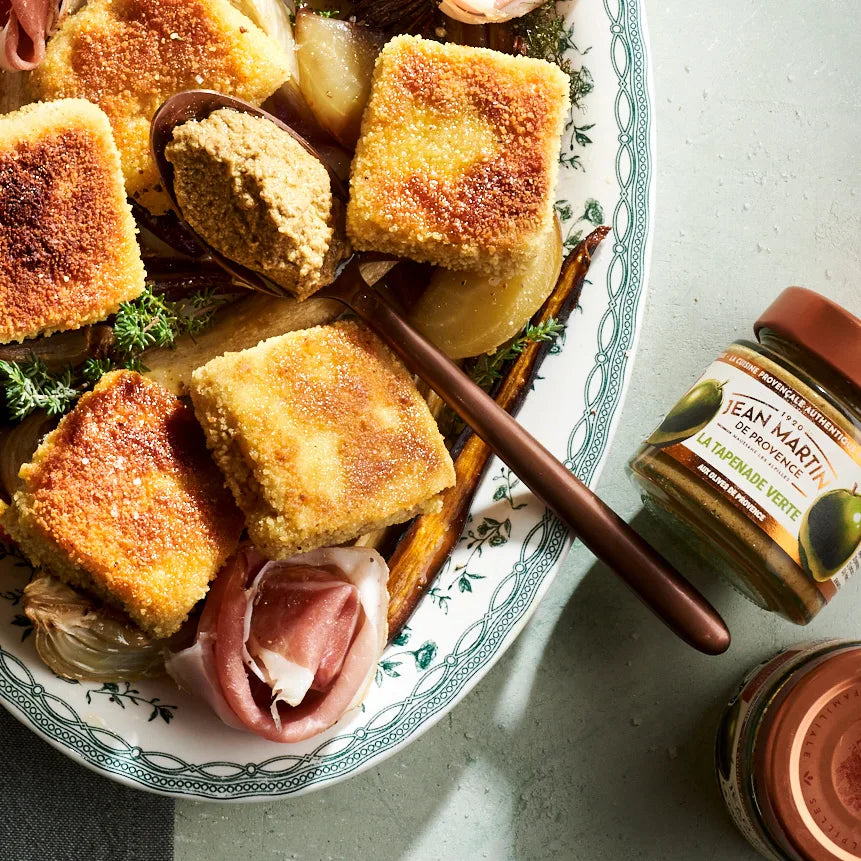 Croquettes de polenta à la tapenade verte & légumes d’hiver rôtis