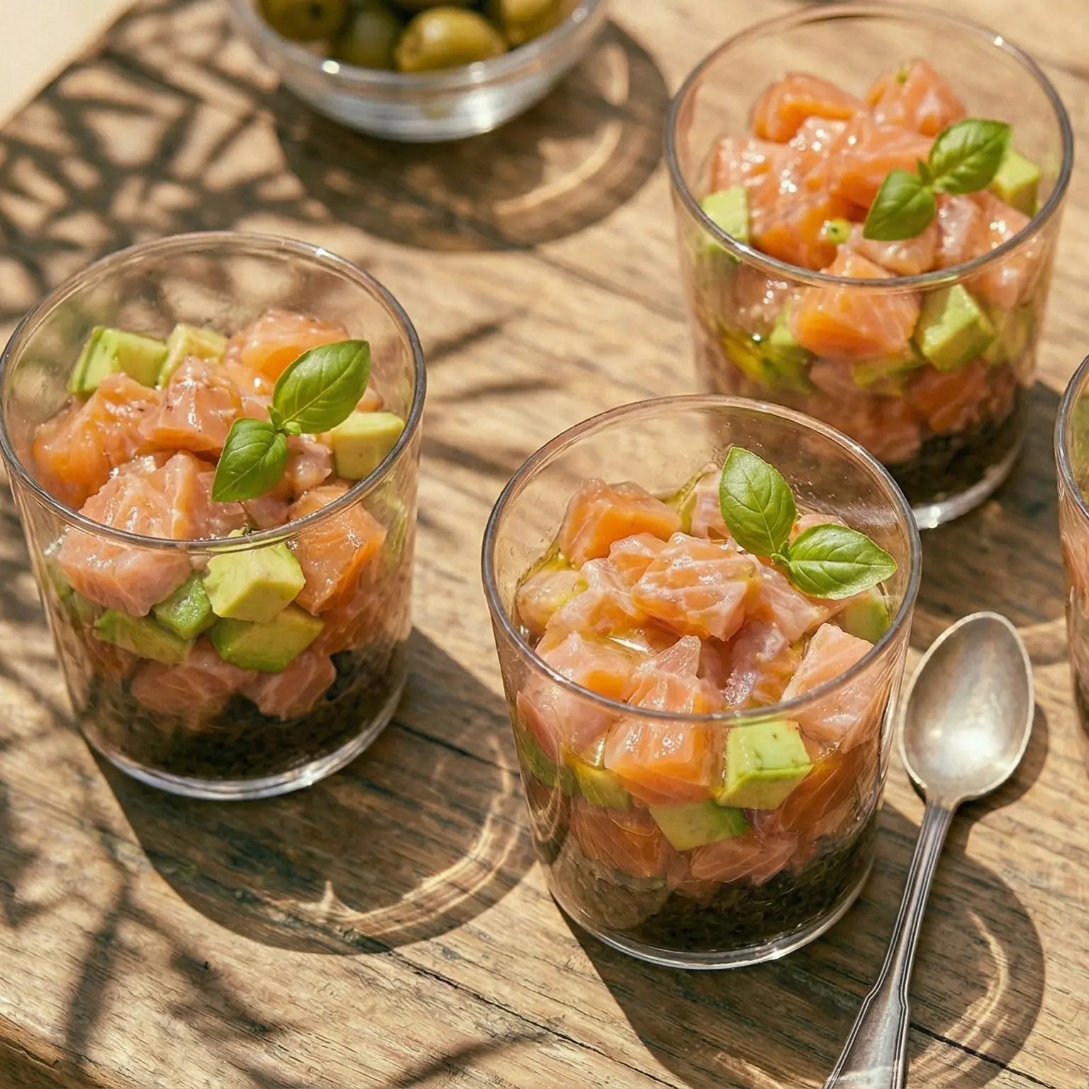 tartare de saumon, avocat et Tapenade noire