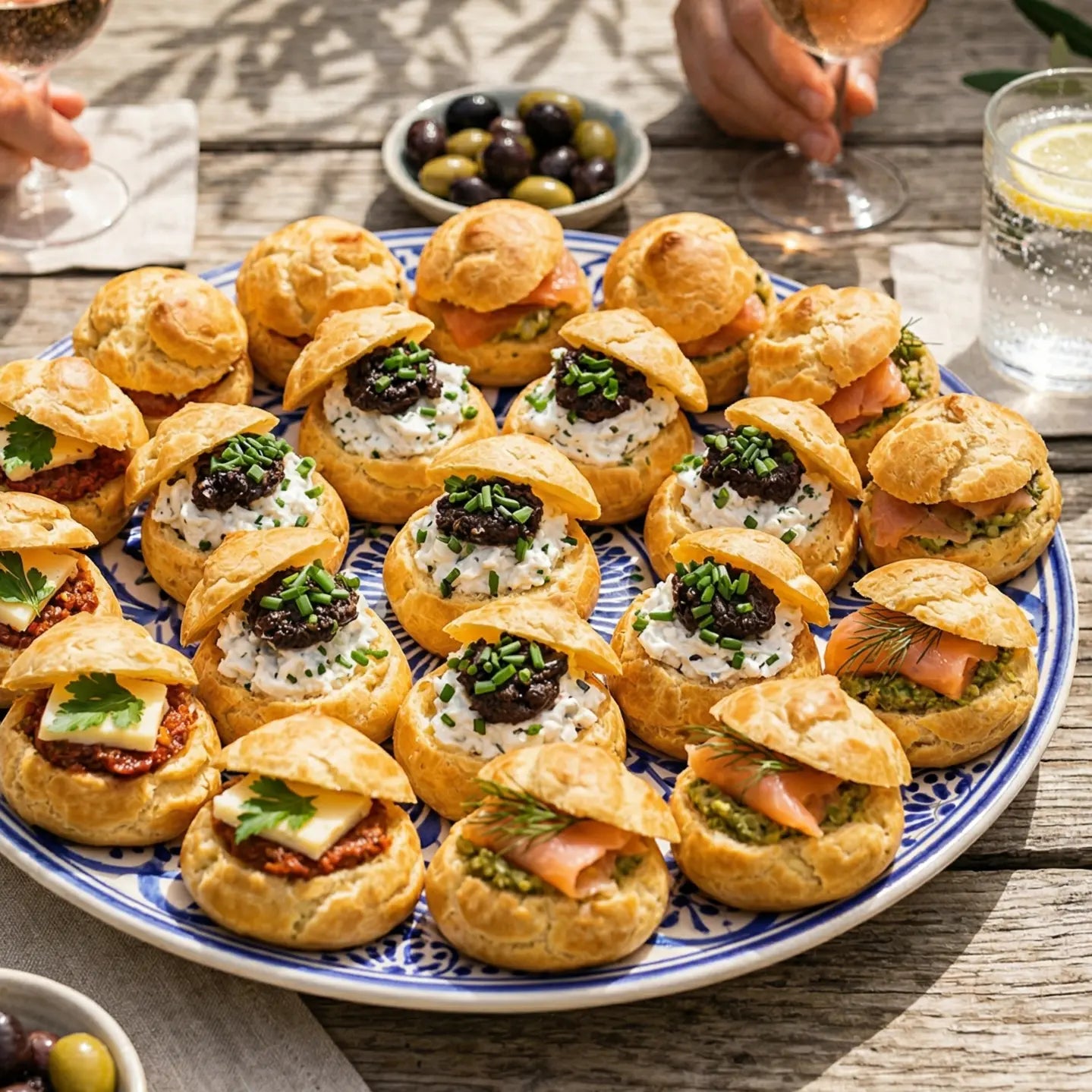 gougères au chèvre frais et à la tapenade noire