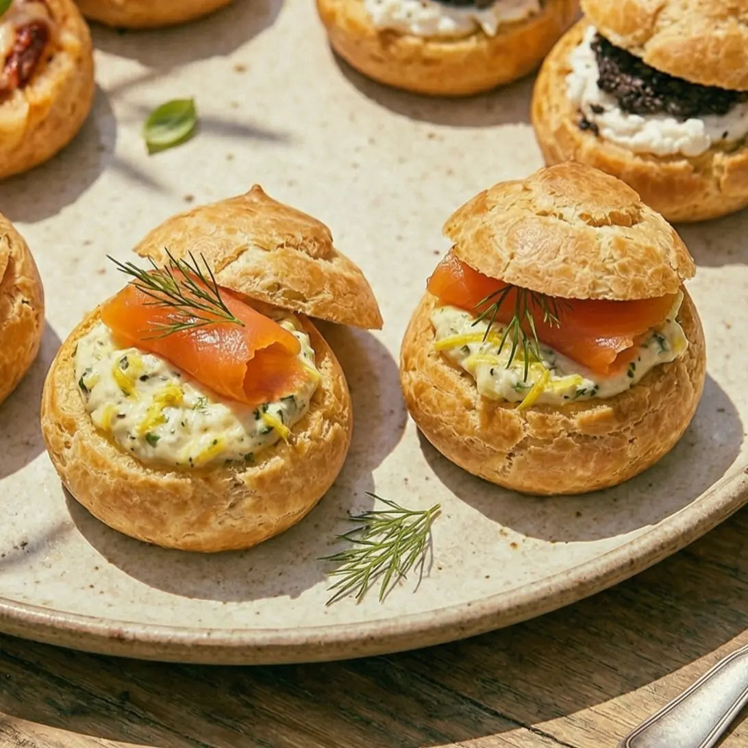 gougères à la crème citronnée au saumon et à la tapenade verte