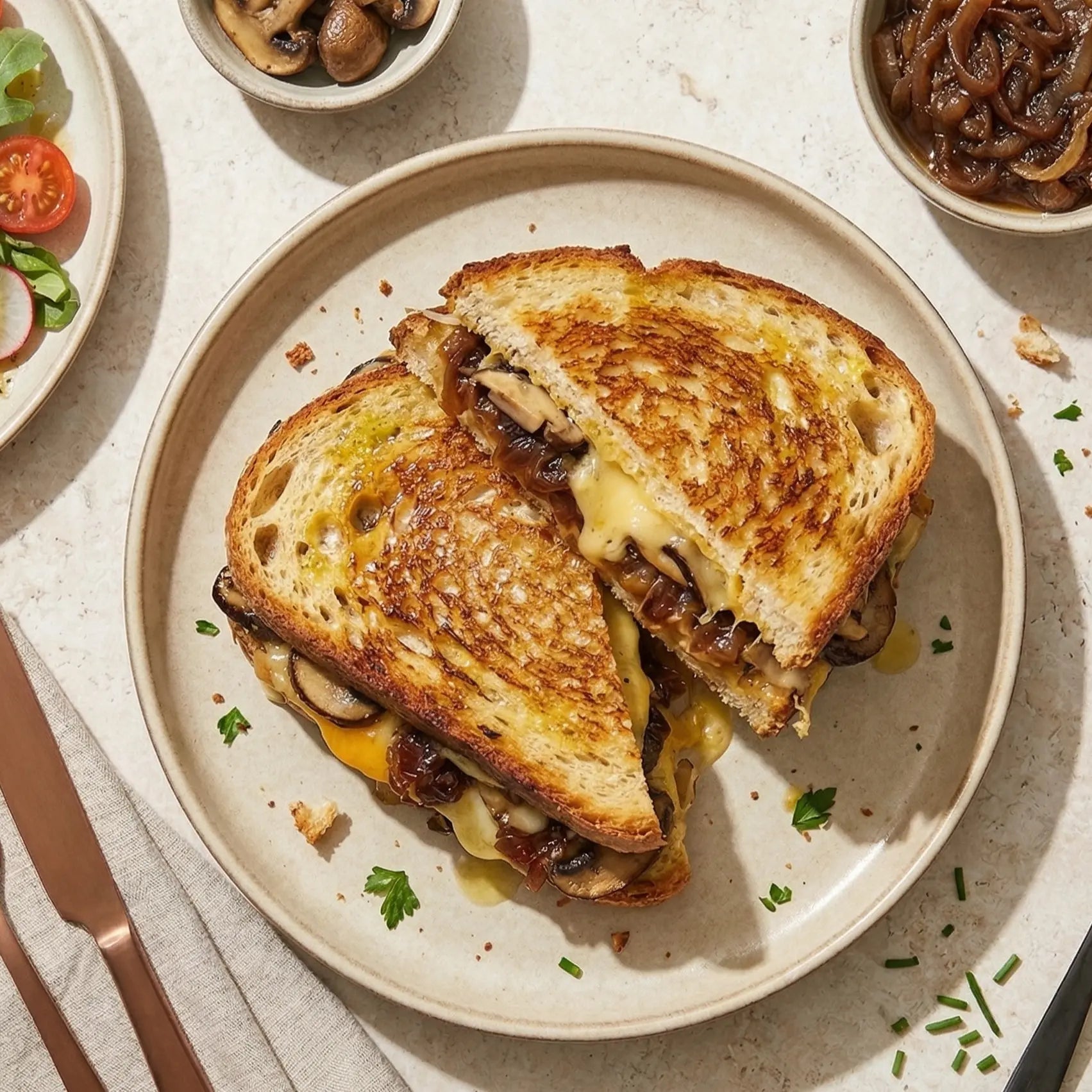 grilled cheese au Confit d'Oignons et champignons