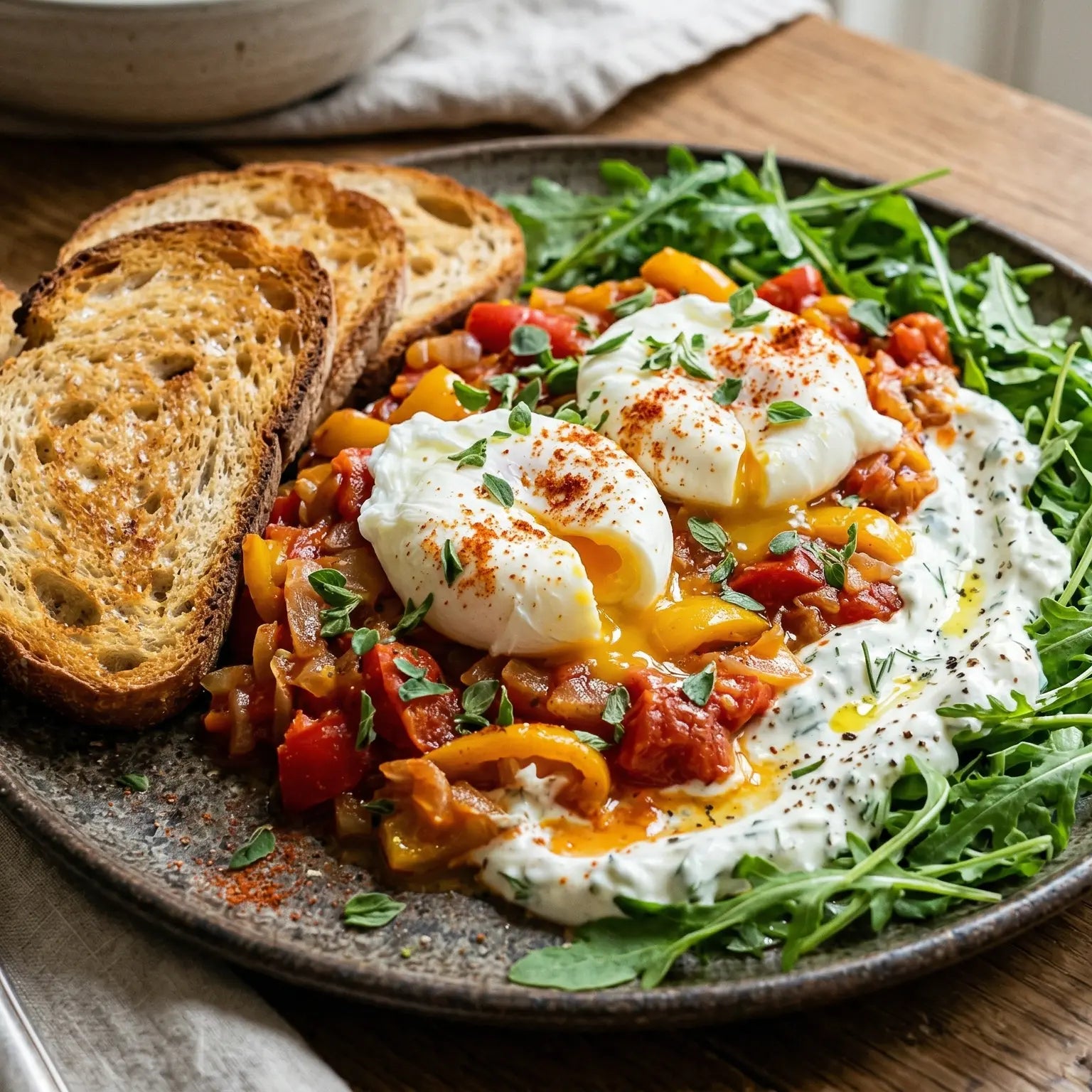 œufs pochés à la piperade et sauce au skyr