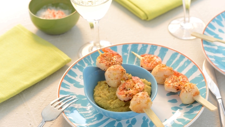 Recette de Brochettes de Gambas à la crème de Pois Chiches