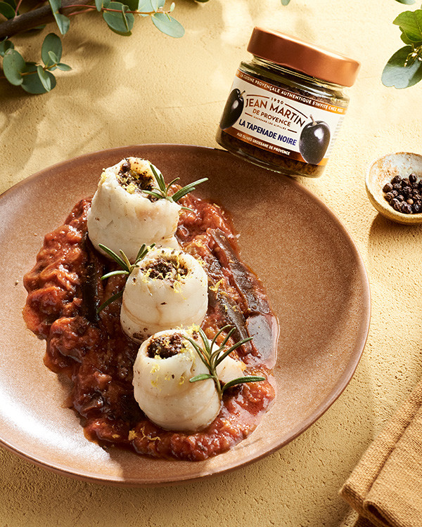 Recette de roulés de merlan à la tapenade noire sur lit de riste d'aubergines